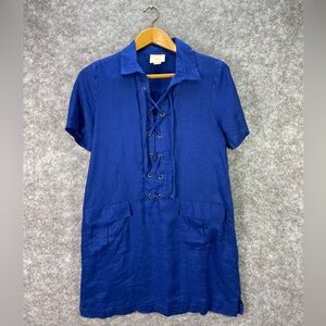 Maeve Dress Womens Size 12 Blue Linen Short Sleeve Lace Up Tunic Pockets Boho
